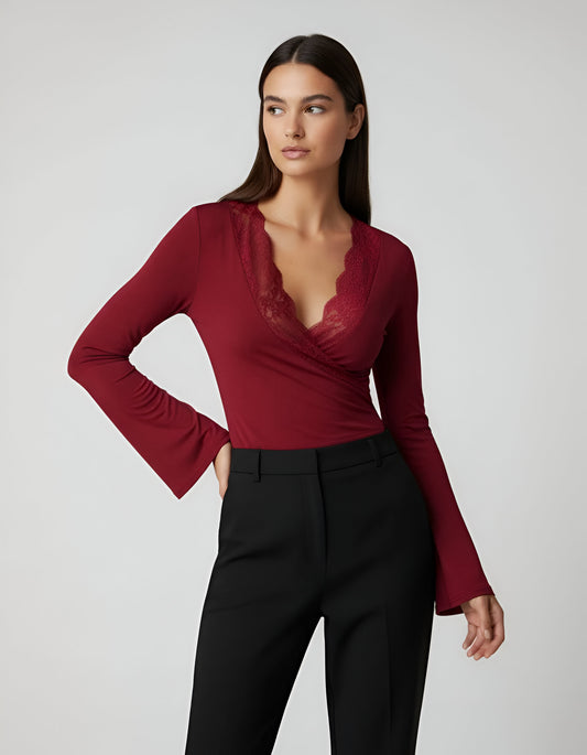 Long Sleeve Lace Trim V-Neck Blouse