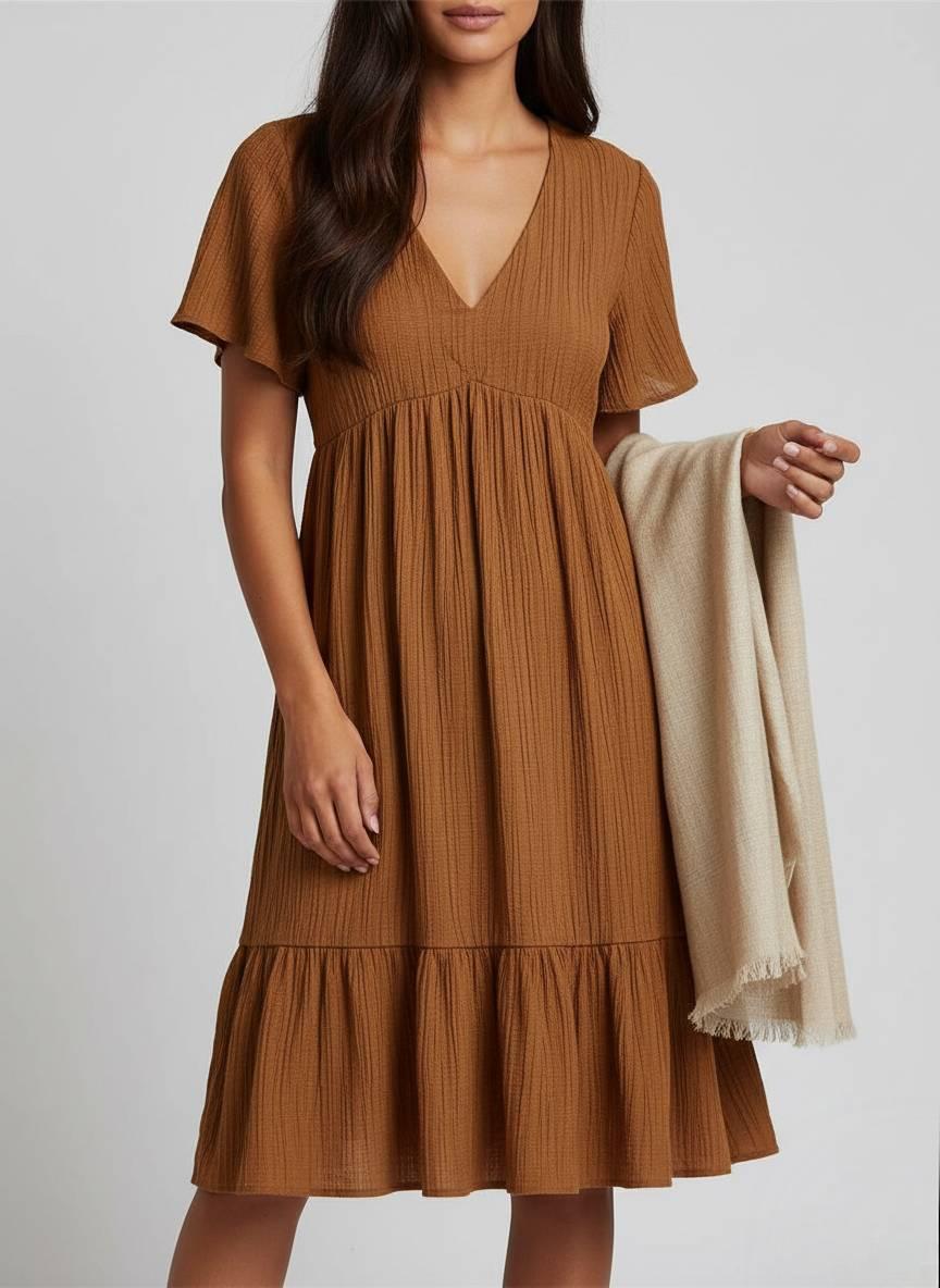 Tummy Control Cotton Crinkle Tiered Midi Dress