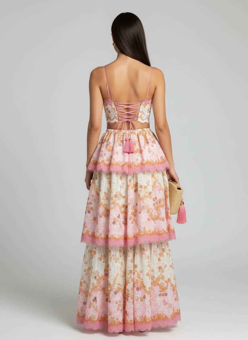 Pink Floral Tiered Maxi Dress