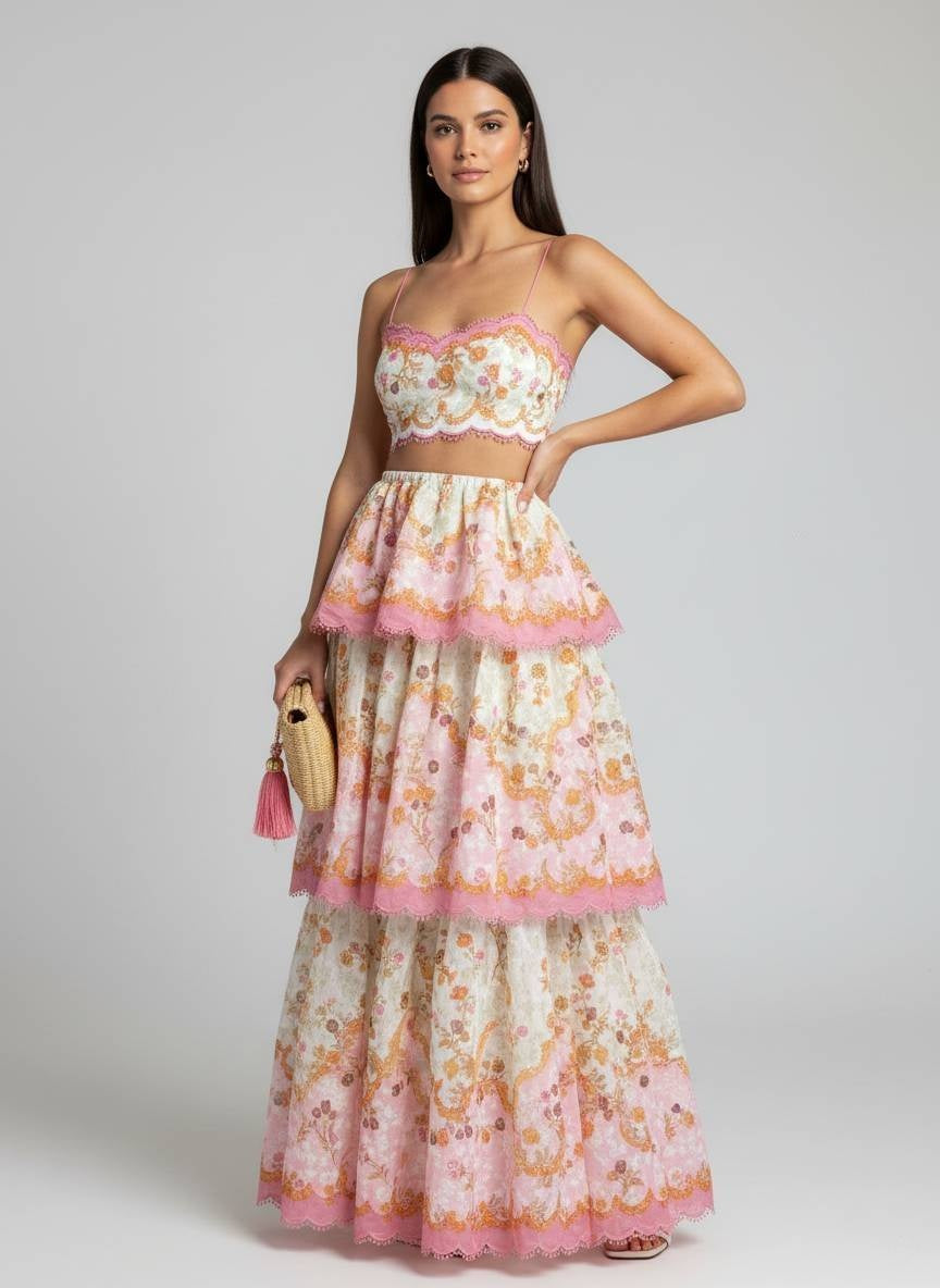 Pink Floral Tiered Maxi Dress