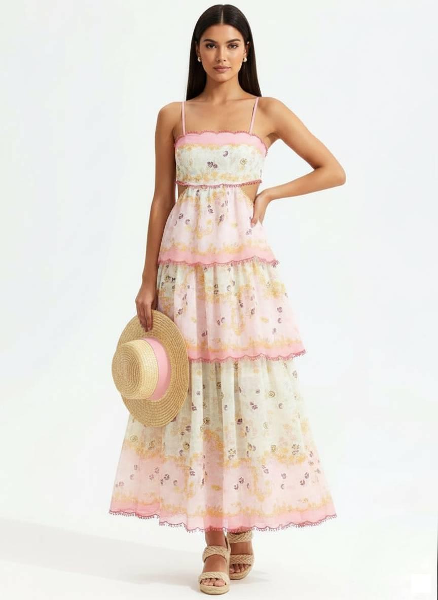 Pink Floral Tiered Maxi Dress