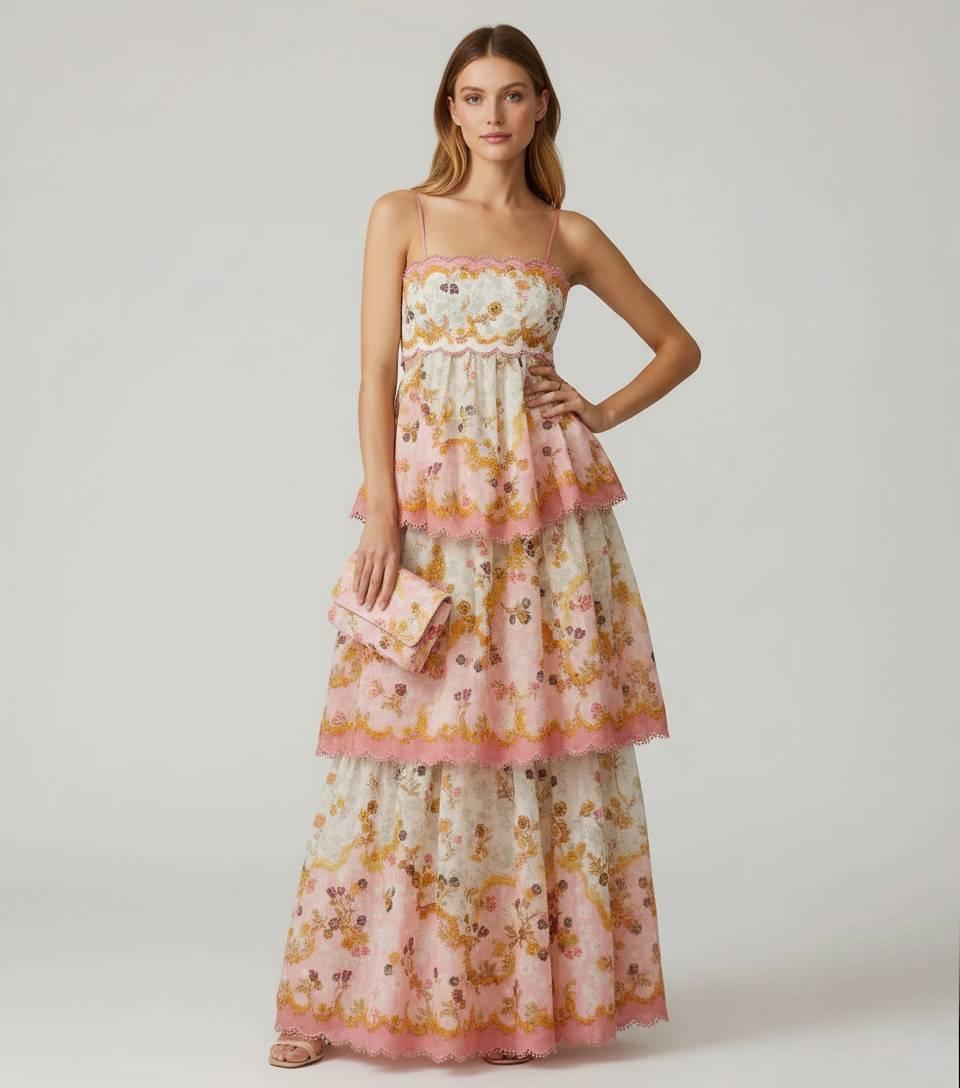 Pink Floral Tiered Maxi Dress