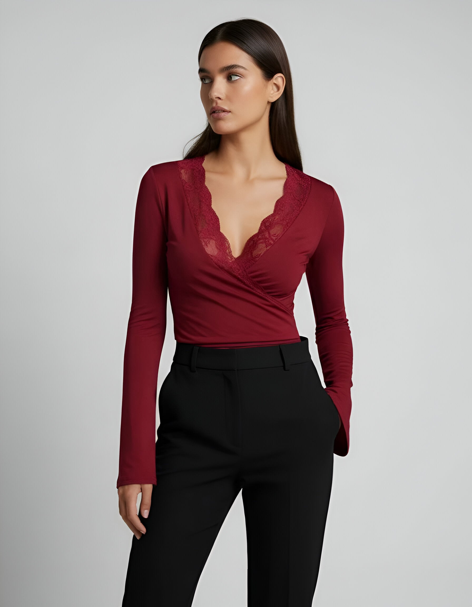 Long Sleeve Lace Trim V-Neck Blouse