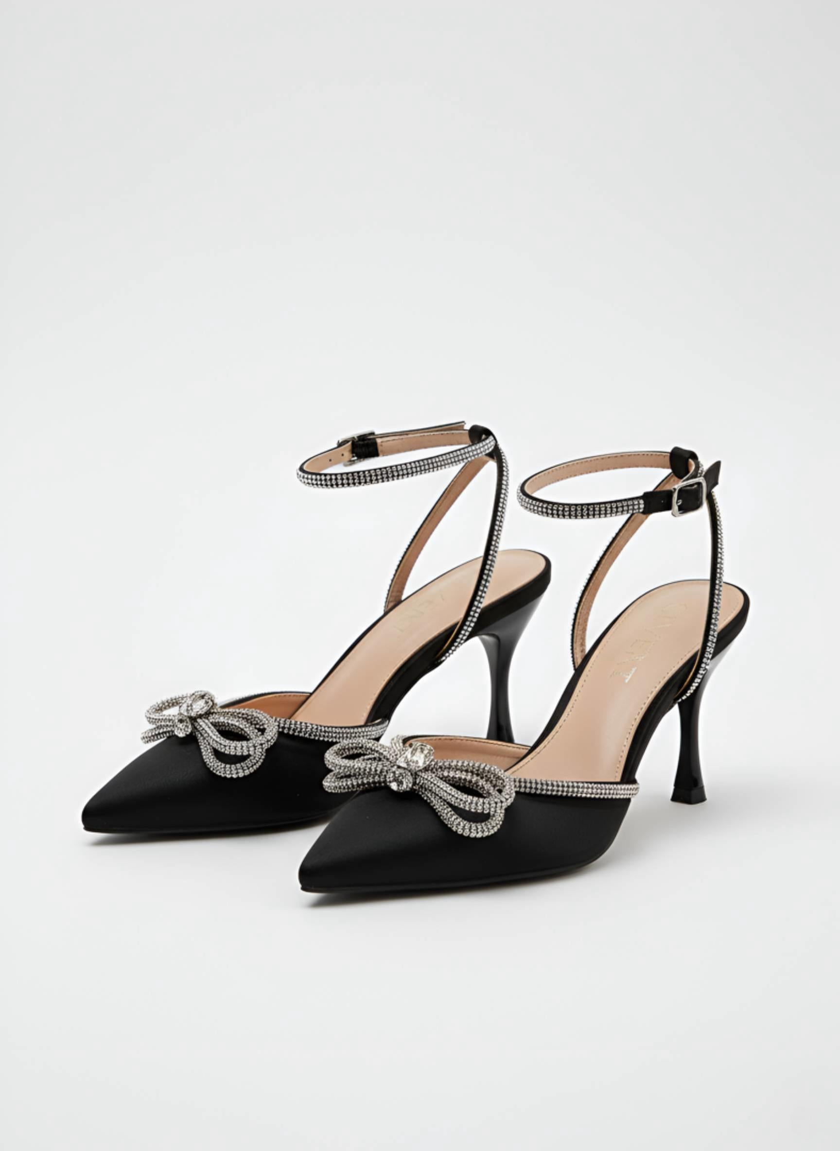 Black Satin Ankle Strap Pumps with Rhinestone Bow