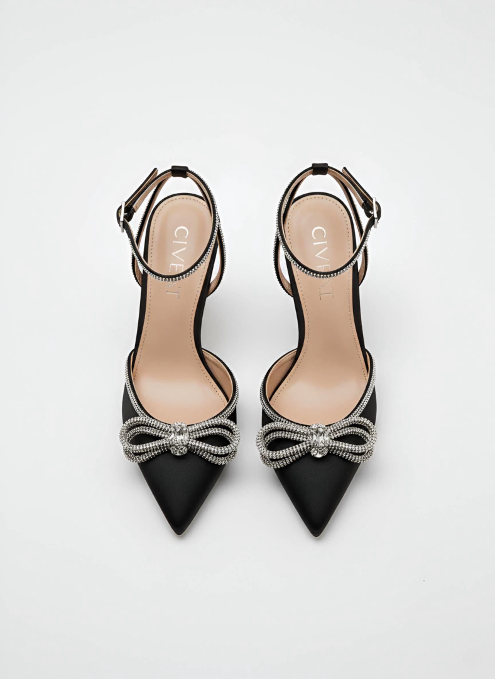 Black Satin Ankle Strap Pumps with Rhinestone Bow