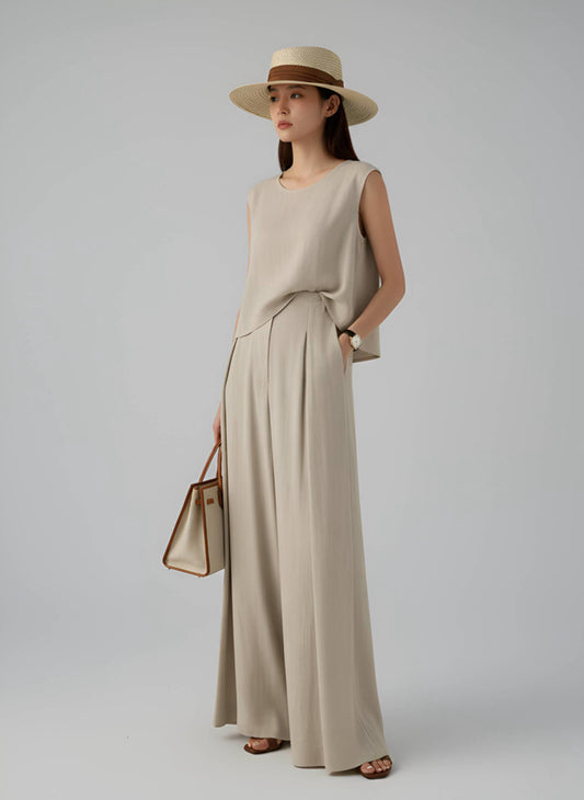 Linen Two Piece Set - Wide Leg Pants and Sleeveless Top Matching Set