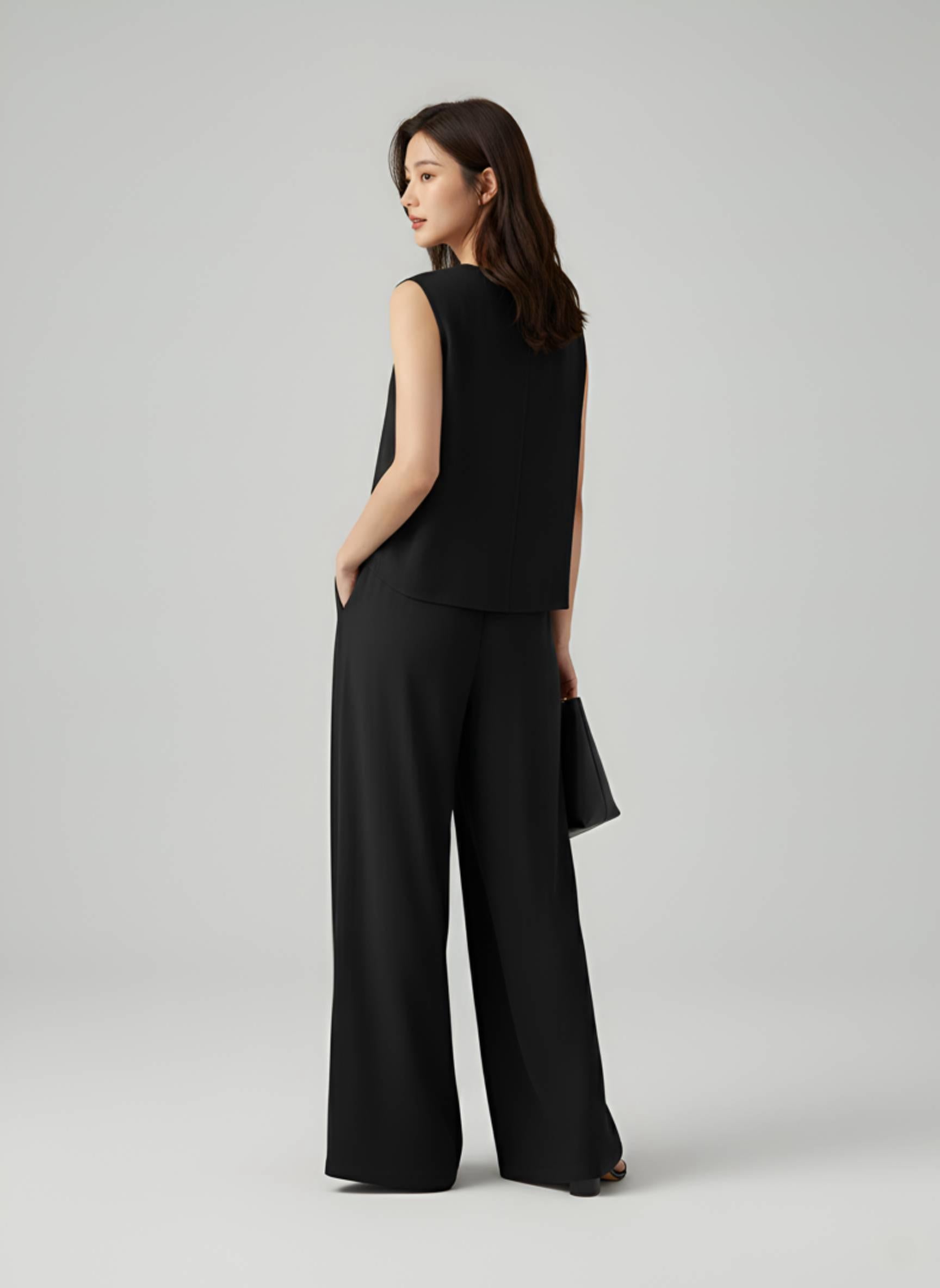 Linen Two Piece Set - Wide Leg Pants and Sleeveless Top Matching Set