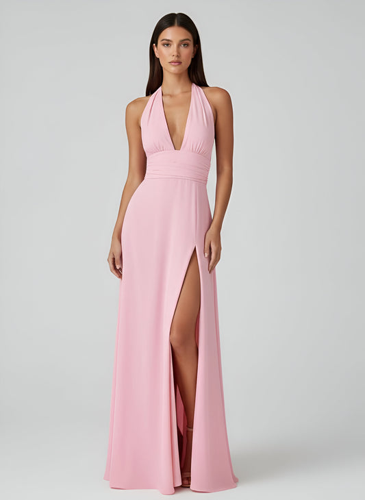 Elegant Light Pink Halter Maxi Dress
