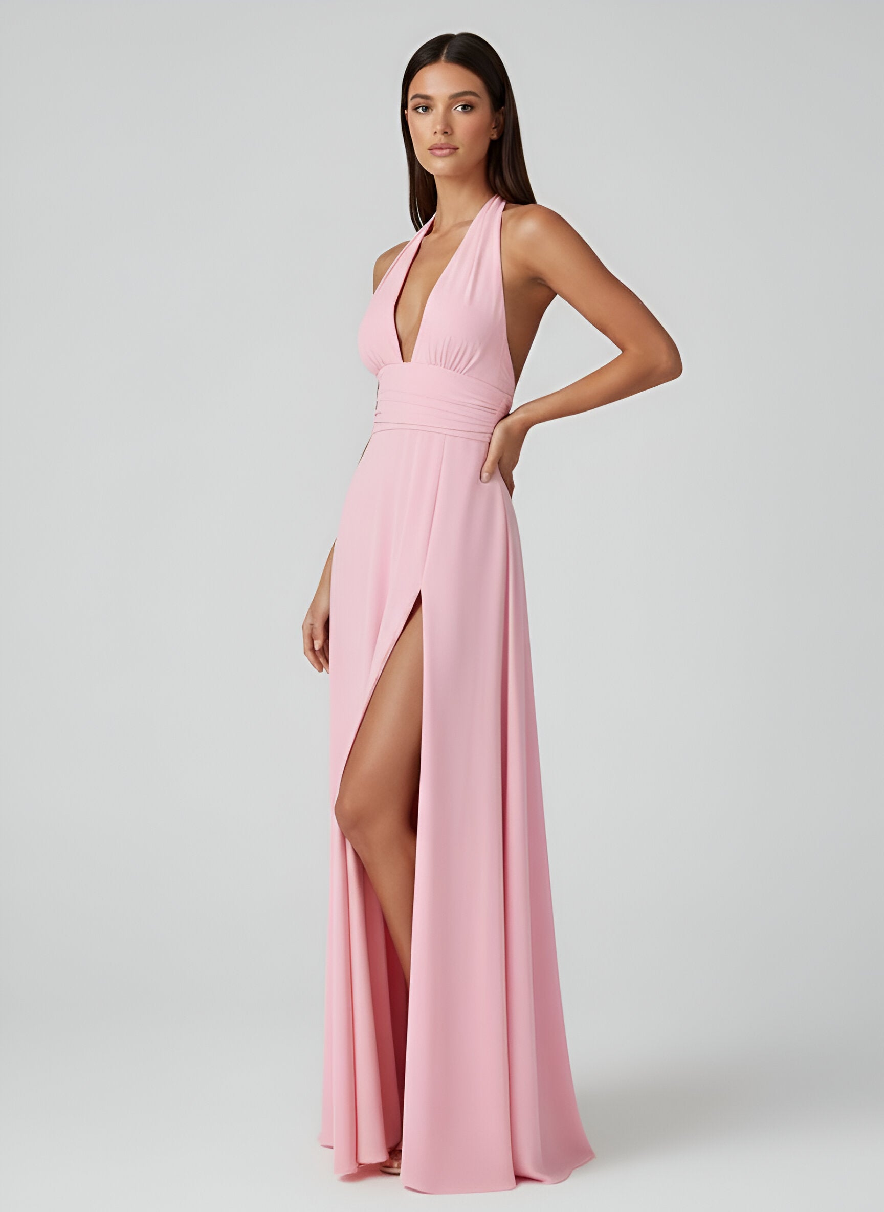 Elegant Light Pink Halter Maxi Dress
