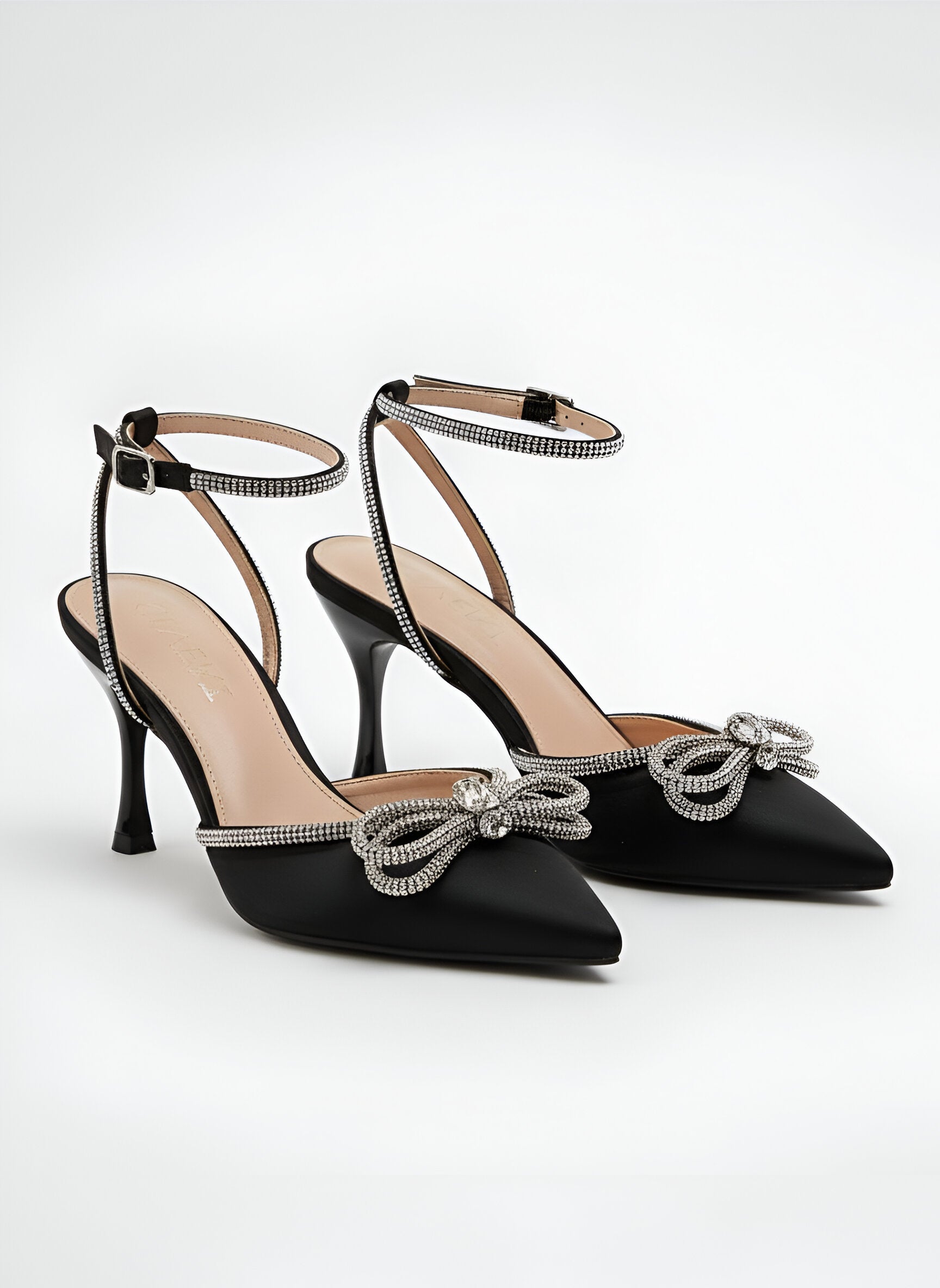 Black Satin Ankle Strap Pumps with Rhinestone Bow